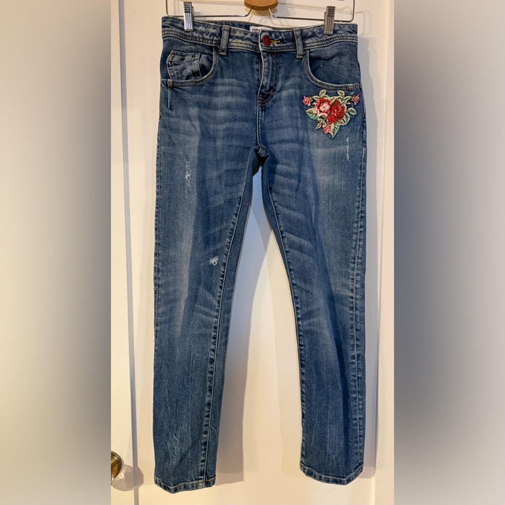 Zara Basic Denim Jeans Distressed Embroidered Flo… - image 1